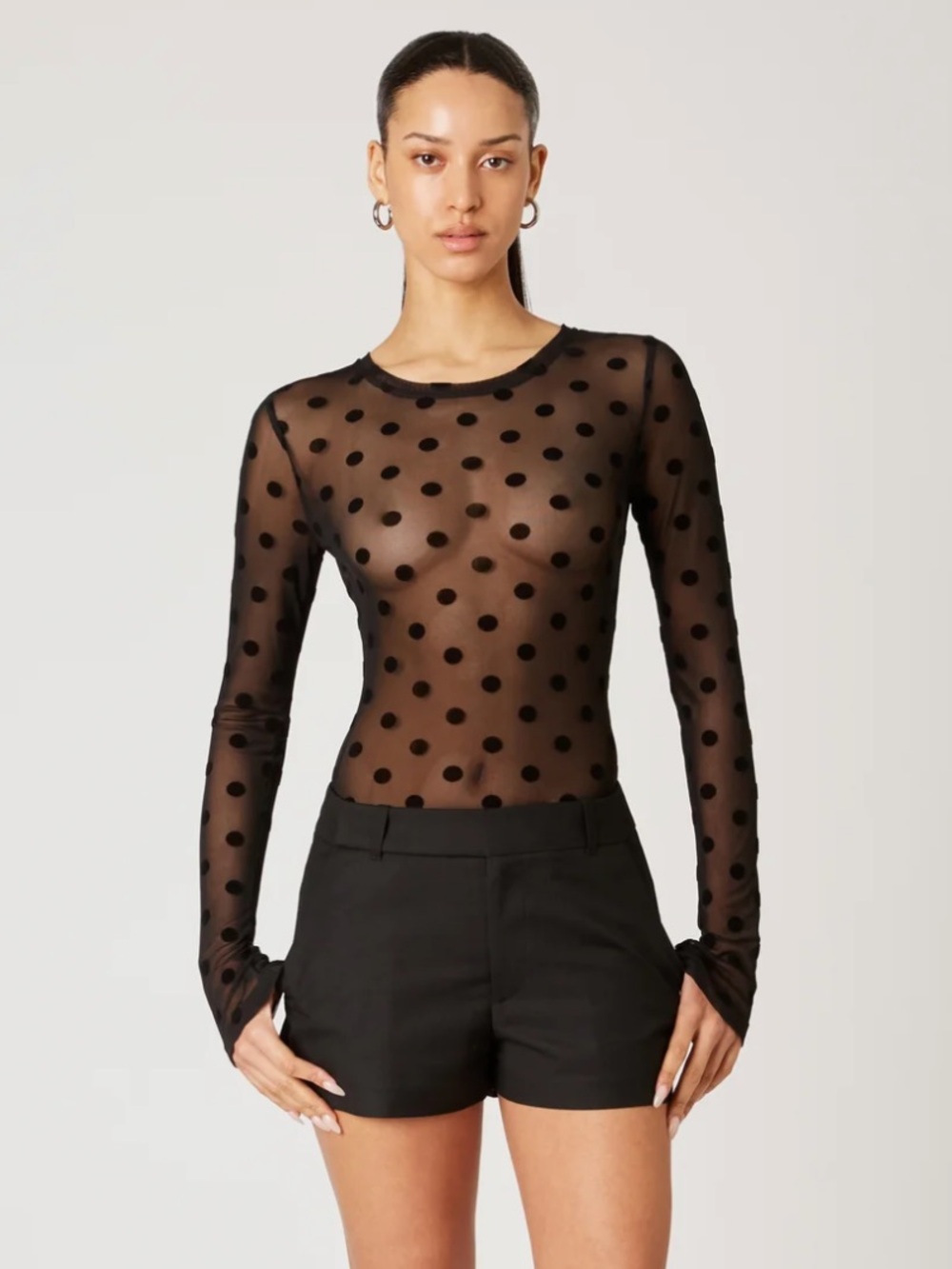 NIA Black Polka Dot Sheer Long-Sleeve Top